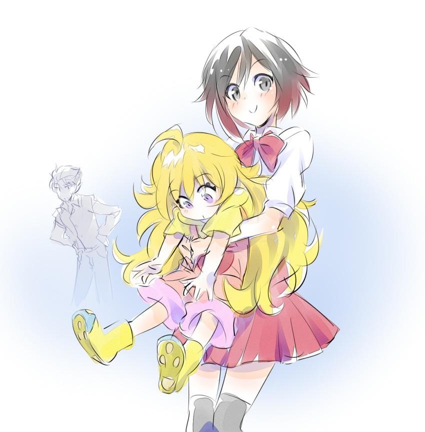 1boy, 2girls, age_regression, alternate_costume, black_hair, blonde_hair, blush, carrying