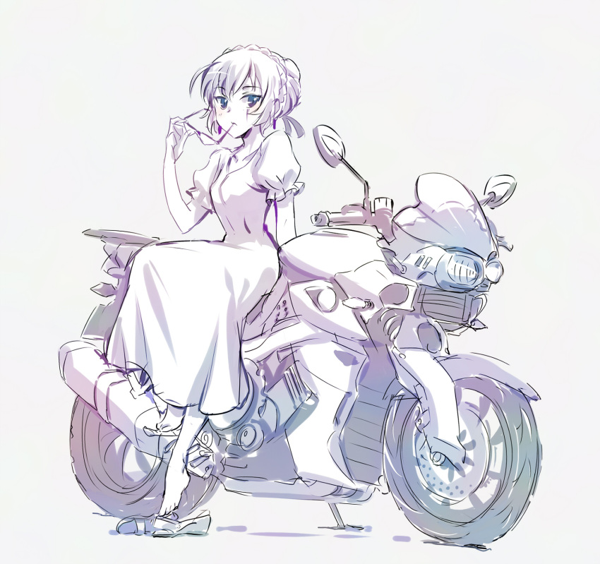 1girl, alternate_hairstyle, dress, earrings, facial_scar, glasses_in_mouth, highres, iesupa, jewelry, motor_vehicle, motorcycle, mouth_hold, rwby, sandals_removed, solo, vehicle, weiss_schnee