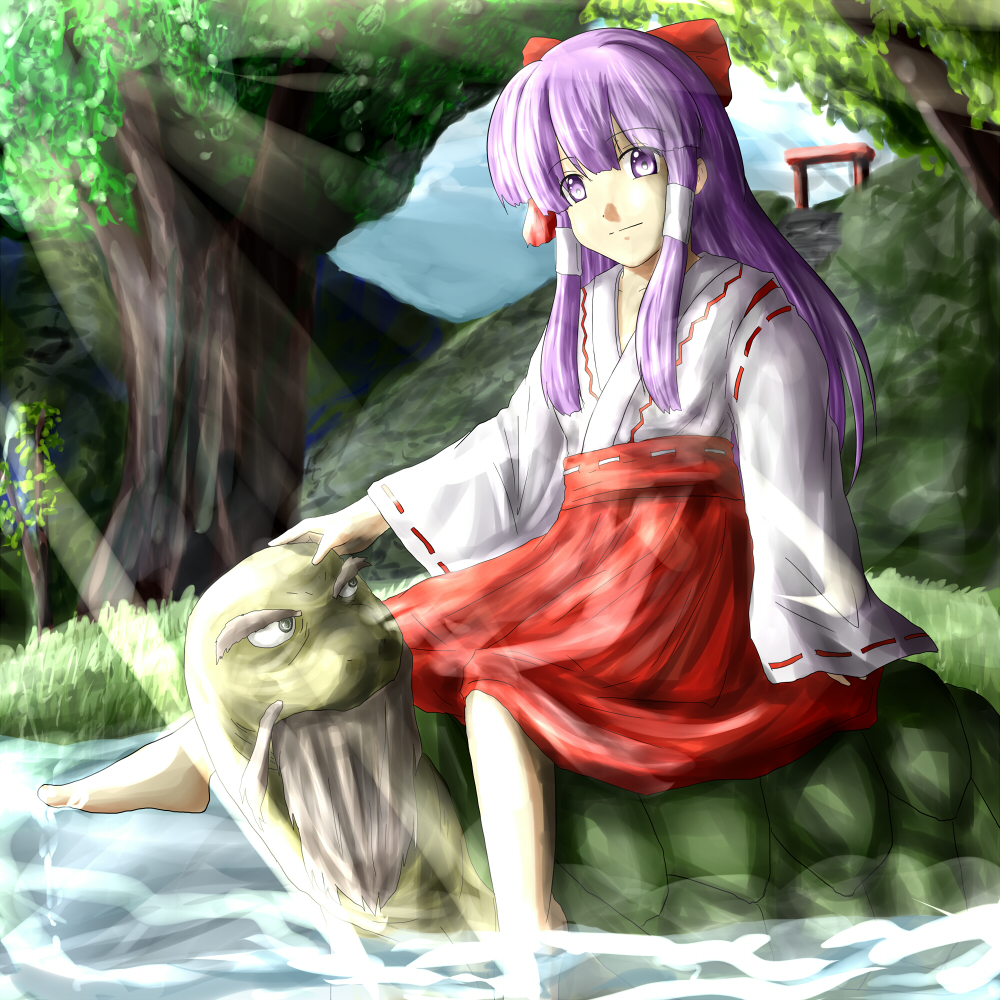 1girl, ao-shiba, bow, genjii, hair_bow, hair_tubes, hakurei_reimu, hakurei_reimu_(pc-98), japanese_clothes, miko, purple_hair, sitting, soaking_feet, torii, touhou, touhou_(pc-98), violet_eyes