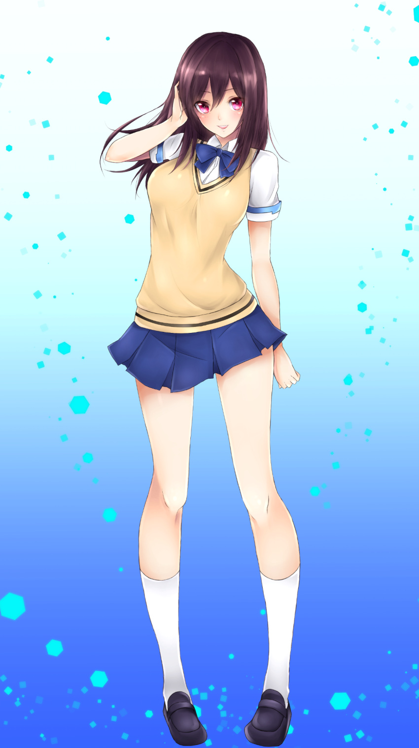 1girl, adjusting_hair, blue_skirt, bow, bowtie, brown_hair, frofrofrost, gradient