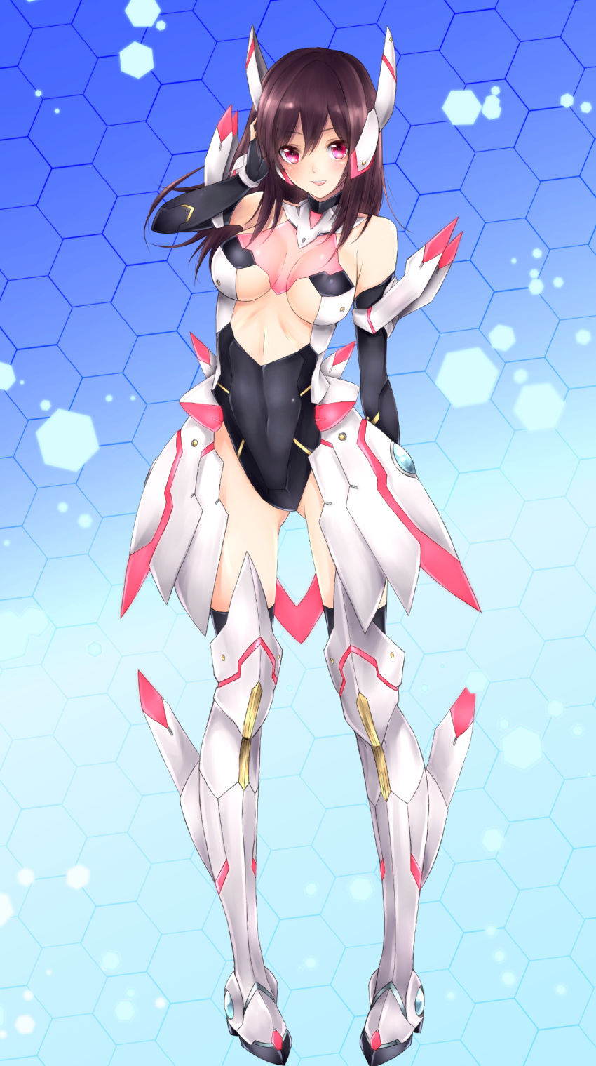 1girl, adjusting_hair, armor, armored_boots, boots, breasts, brown_hair, cleavage_cutout