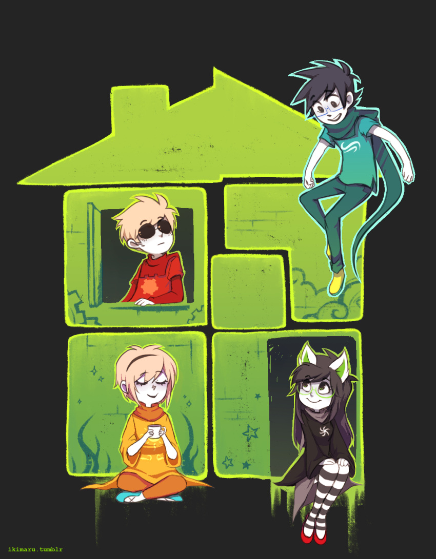 2boys, 2girls, animal_ears, black_hair, blonde_hair, dave_strider, glasses, highres