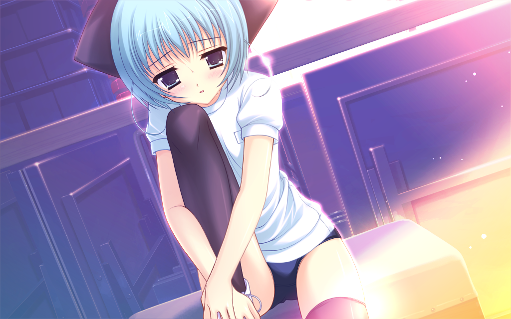 1girl, blue_hair, buruma, prism_magical, short_hair, solo, tanihara_natsuki, thighs