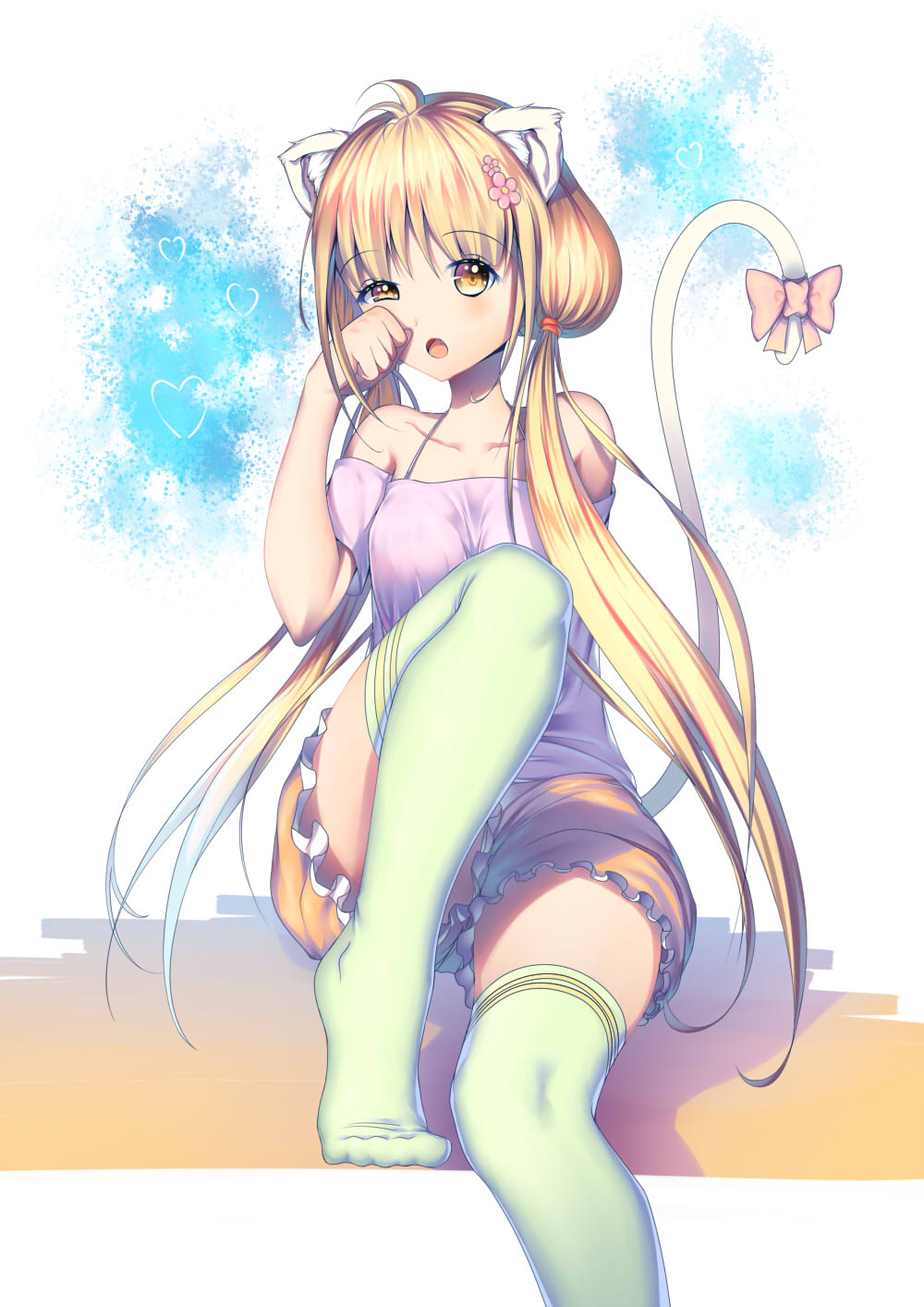 1girl, :o, ahoge, animal_ears, bangs, blonde_hair, blush, bow, cat_ears, cat_tail, collarbone, eyebrows, eyebrows_visible_through_hair, flower, frilled_shorts, frills, futaba_anzu, green_legwear, hair_flower, hair_ornament, hair_over_shoulder, hair_tie, heart, highres, idolmaster, idolmaster_cinderella_girls, long_hair, looking_at_viewer, low_twintails, no_shoes, off-shoulder_shirt, orange_shorts, pink_bow, pink_flower, rubbing_eyes, shirt, short_sleeves, shorts, sitting, solo, tail, tail_bow, thigh-highs, twintails, uneven_eyes, very_long_hair, xiaosan_ye