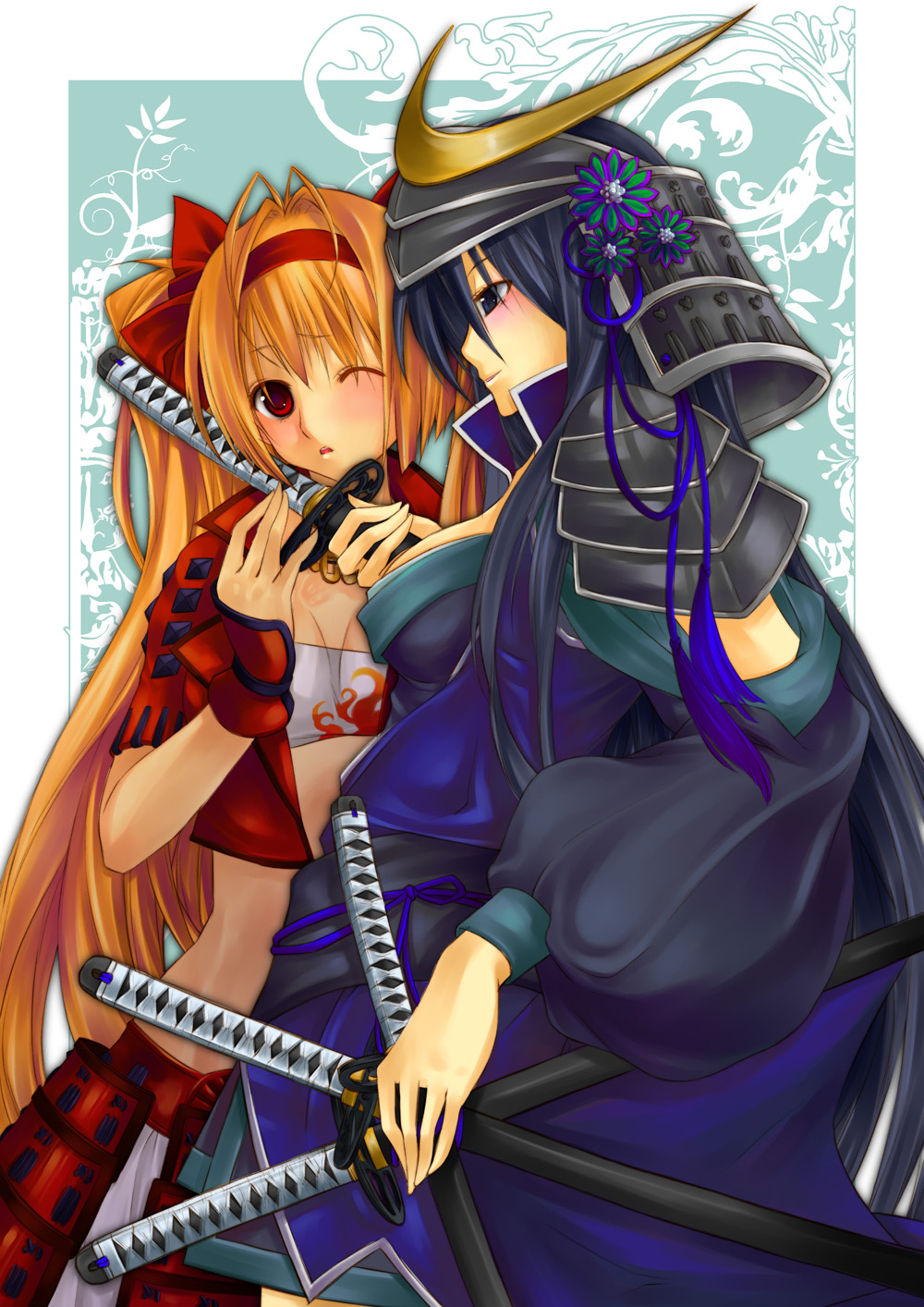 blush, date_masamune, genderswap, hairband, helmet, highres, katana, lilithbloody