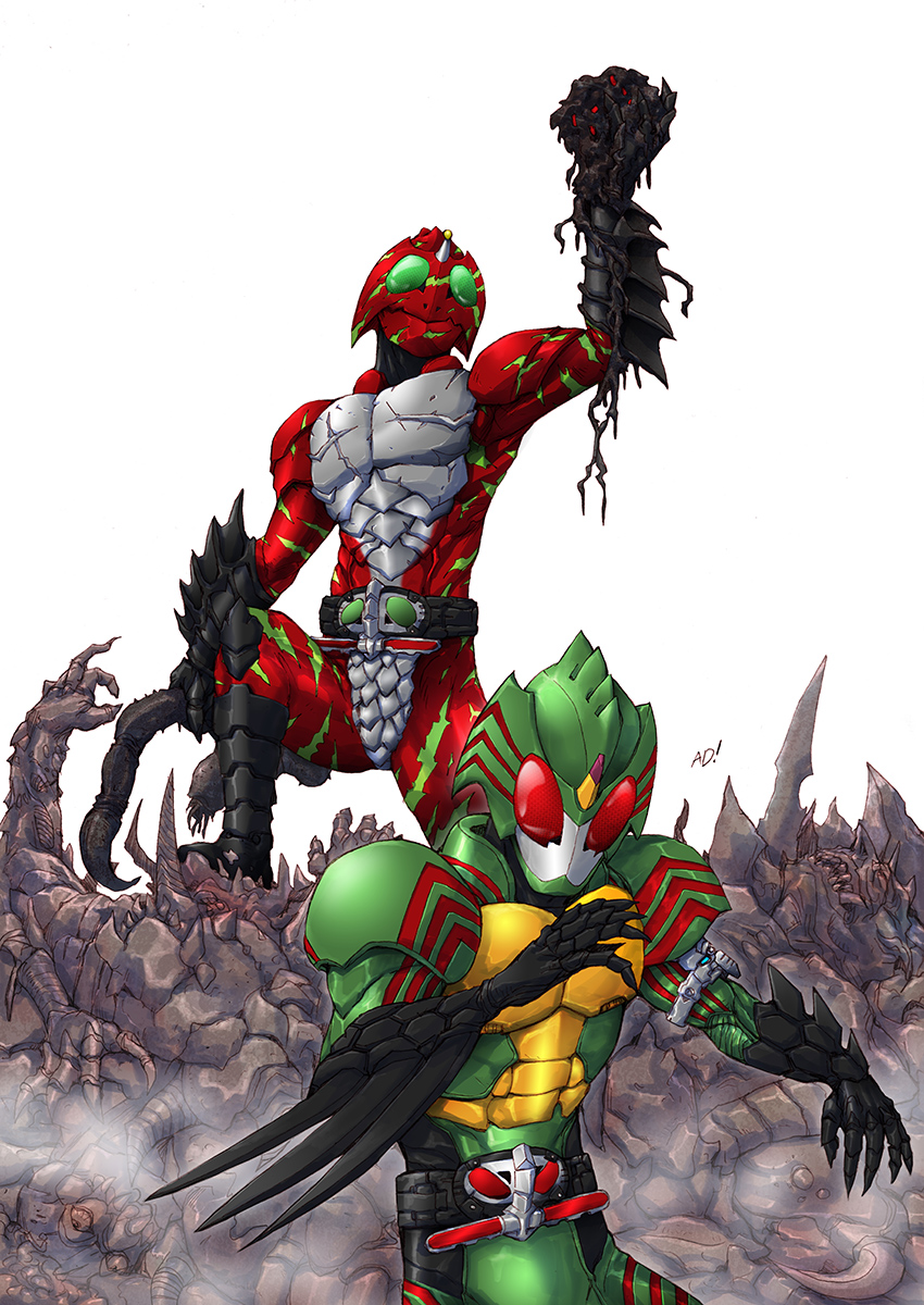 2boys, adi_(adivider), belt, commentary_request, corpse, fighting_stance, fins, heart_(organ)