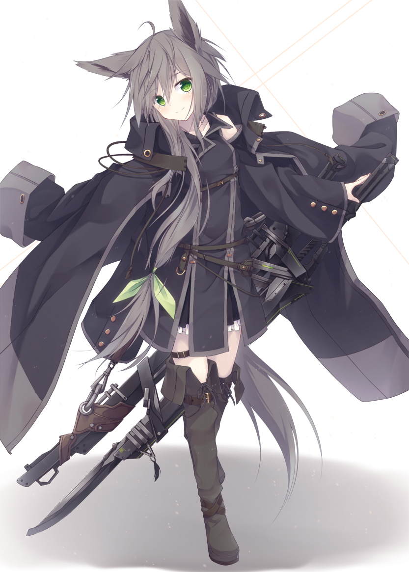 1girl, animal_ears, belt, belt_boots, black_skirt, boots, bow, coat, commentary_request, detached_sleeves, fox_ears, fox_tail, frilled_skirt, frills, full_body, green_bow, green_eyes, grey_hair, hair_between_eyes, hair_ornament, hair_ribbon, jacket_on_shoulders, long_hair, looking_at_viewer, original, peaked_lapels, ribbon, shio_(shia-ushio), shirt, skirt, sleeves_past_wrists, sling, smile, solo, sword, tail, thigh-highs, thigh_boots, very_long_hair, weapon, white_background, zettai_ryouiki