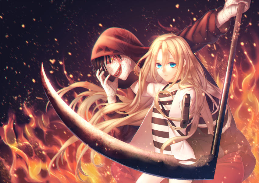 1boy, 1girl, bandaged_hands, bandages, black_hair, blonde_hair, blood, bloody_clothes