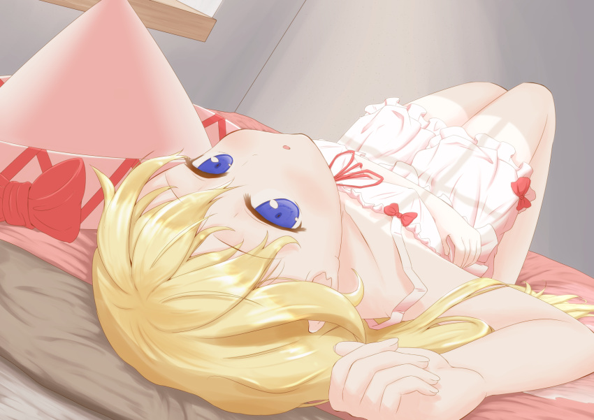 1girl, blonde_hair, bloomers, blue_eyes, blush, bow, chemise, dutch_angle, hat, hat_bow, hat_removed, headwear_removed, highres, lily_white, long_hair, looking_at_viewer, lying, on_back, on_bed, open_mouth, sleeveless, solo, tat_rous, touhou, underwear, upside-down