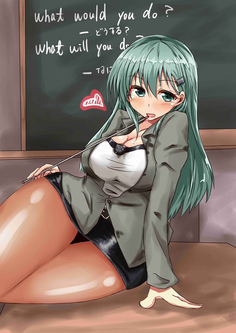 1girl, alternate_costume, black_skirt, blonde_hair, breasts, brown_legwear, buttons, chalkboard