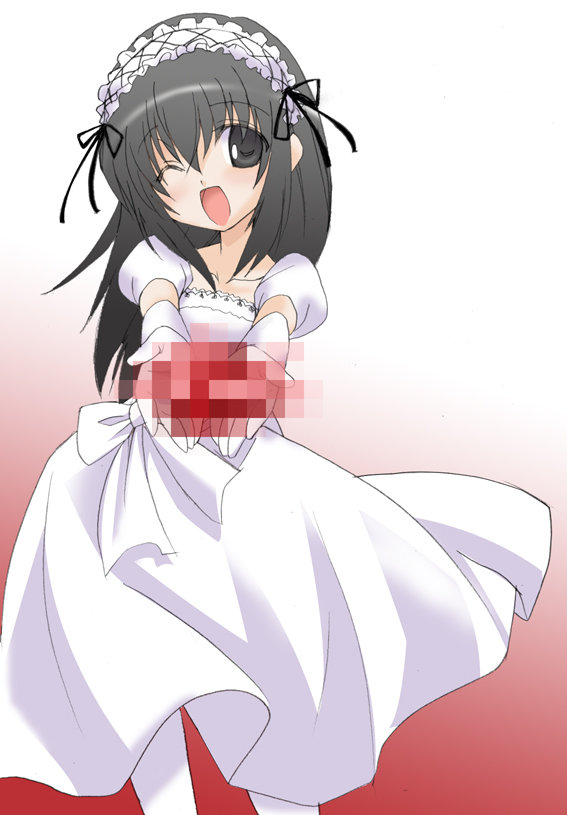 black_hair, censored, censored_food, decoration_disorder_disconnection, dress, eeeeee, fake_censor, ishizue_kanata