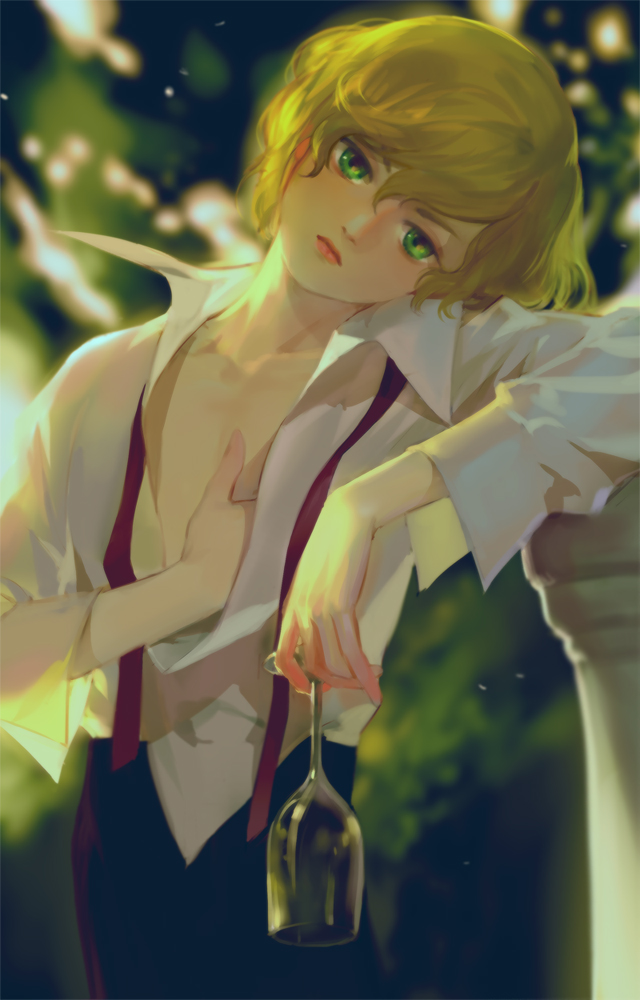1boy, androgynous, bangs, black_pants, blonde_hair, blurry, closed_mouth, collarbone