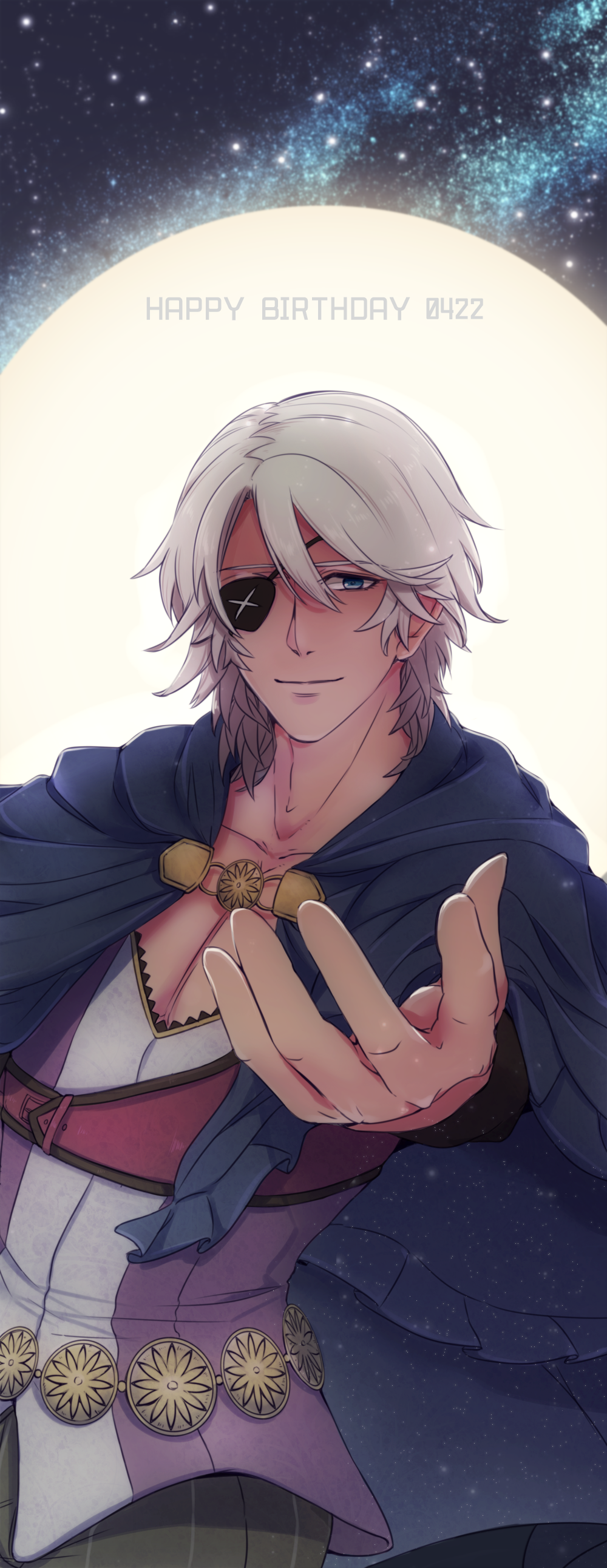 1boy, _asaiii, absurdres, blue_eyes, cape, dark_skin, dated, eyepatch, fire_emblem, fire_emblem_if, happy_birthday, highres, moon, night, solo, star_(sky), white_hair, zero_(fire_emblem_if)