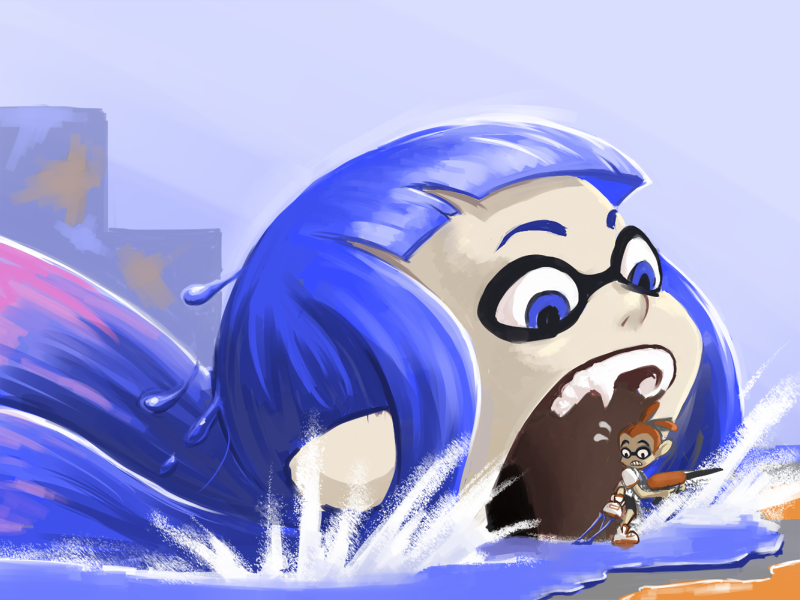 1boy, 1girl, blue_eyes, blue_hair, flying_sweatdrops, holding, holding_weapon, inkling