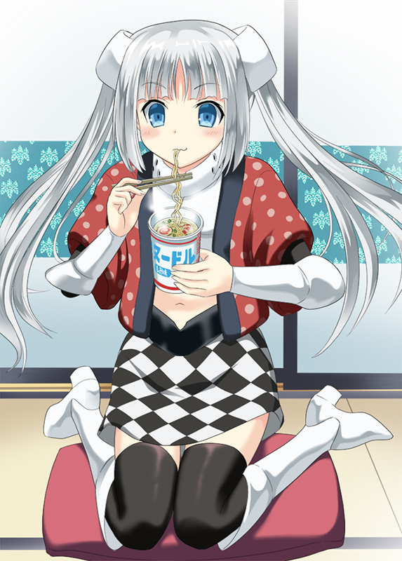 1girl, android, boots, kanmimi, miss_monochrome, miss_monochrome_(character), ramen, solo
