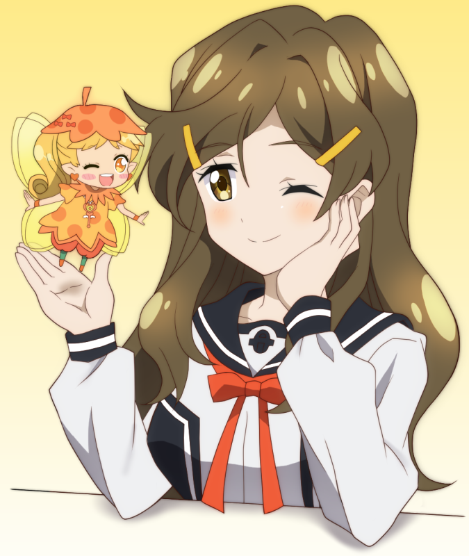 2girls, ;), ;d, brown_eyes, brown_hair, crossover, fairy, flower