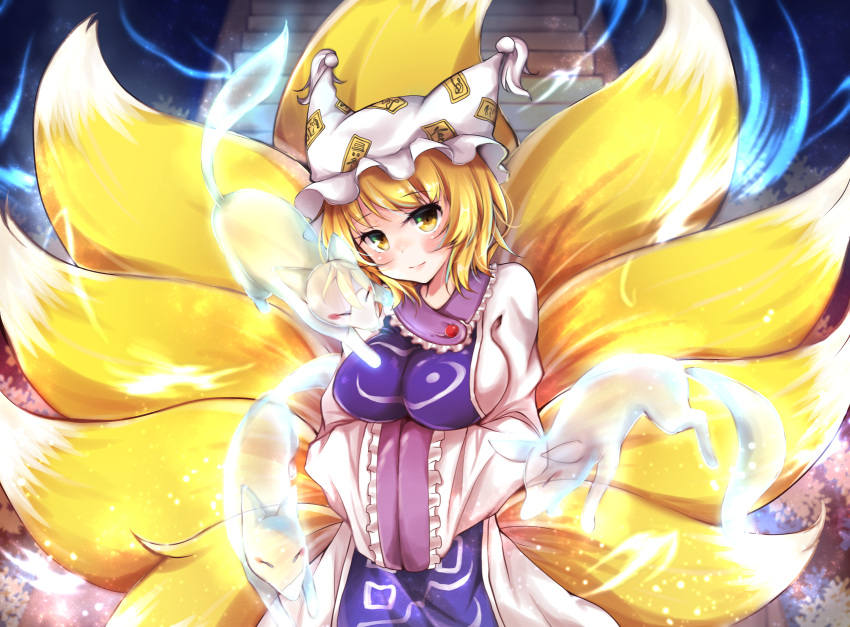 1girl, blonde_hair, blush, breasts, fox, fox_tail, hands_in_sleeves, hat