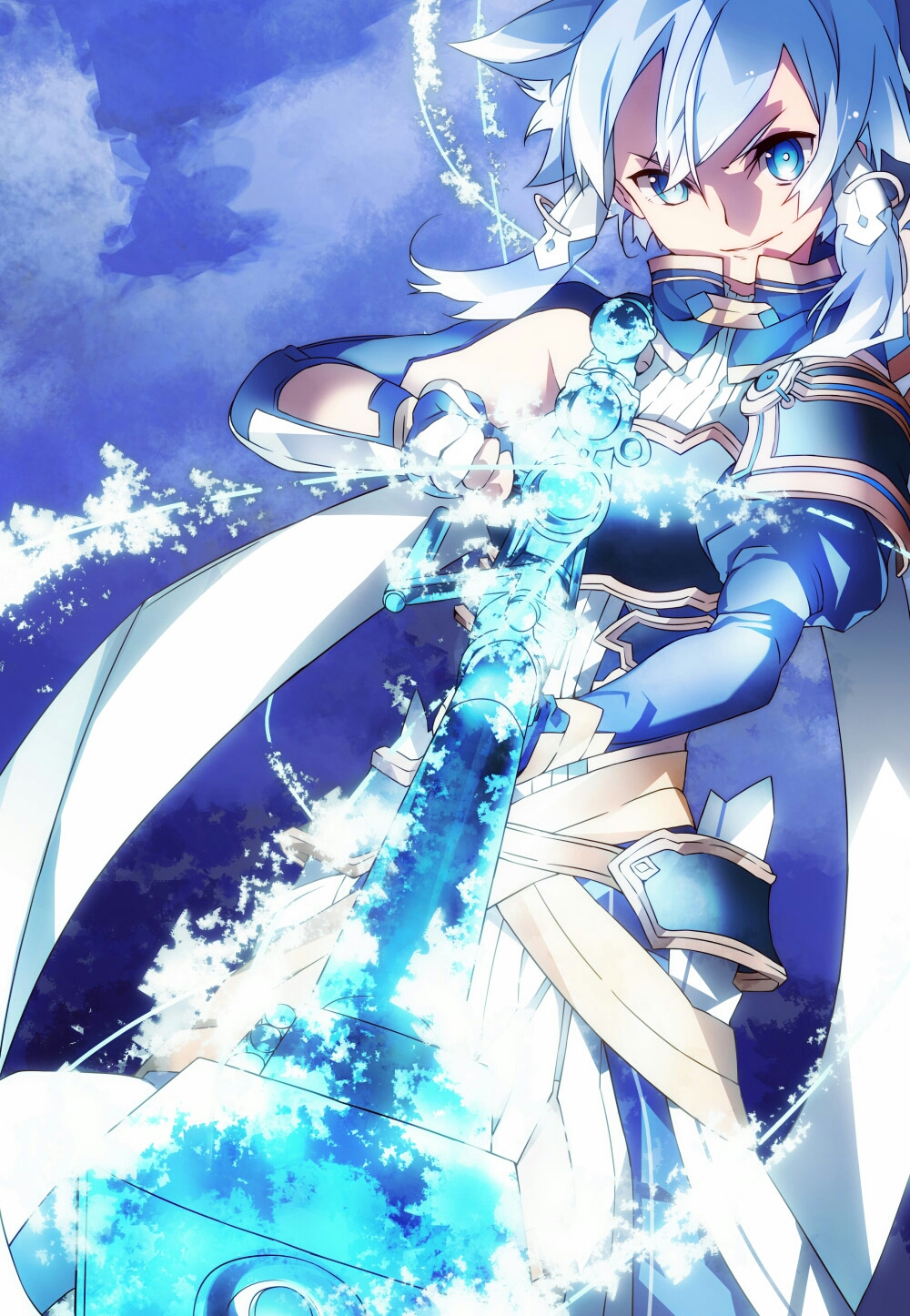 1girl, blue_eyes, blue_hair, breastplate, gun, highres, shinon_(sao), short_hair, solo, sword_art_online, weapon, yoru_kiri