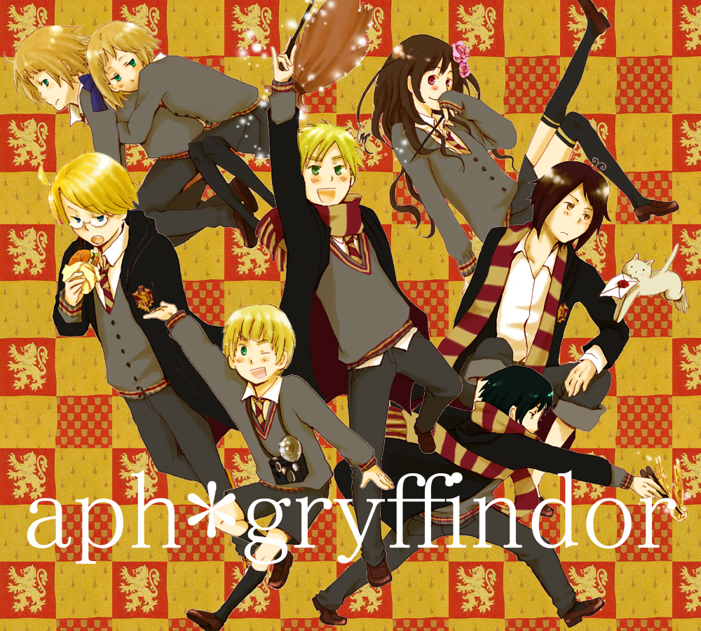annotated, axis_powers_hetalia, broom, camera, cardigan, cat, cloak, food, greece_(hetalia), gryffindor, hamburger, harry_potter, hong_kong_(hetalia), kneehighs, letter, liechtenstein_(hetalia), necktie, scarf, school_uniform, sealand_(hetalia), socks, striped, striped_scarf, sweater, switzerland_(hetalia), taiwan_(hetalia), united_kingdom_(hetalia), wassyoi-wattyoi
