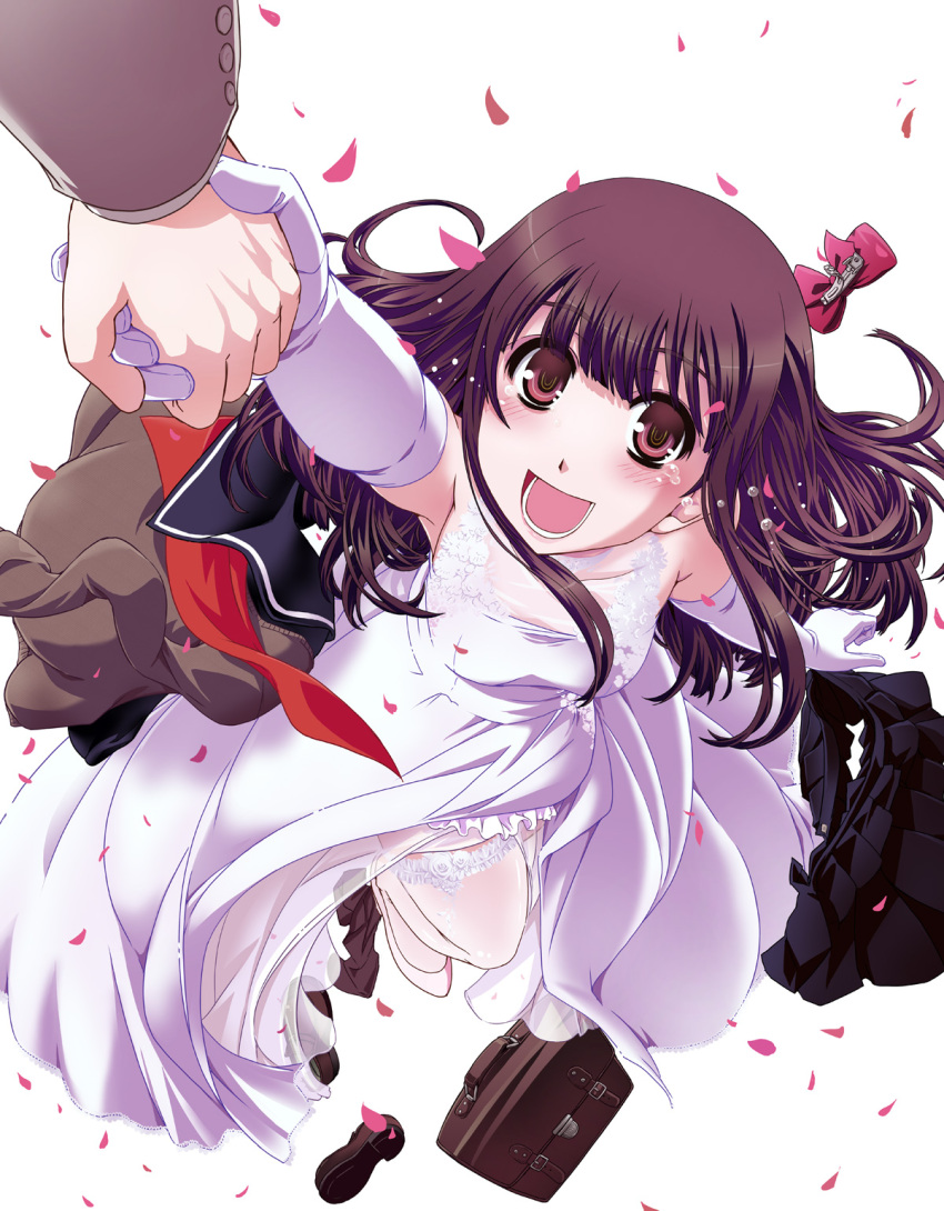 1boy, 1girl, bag, breasts, clothes, dress, dropping, highres