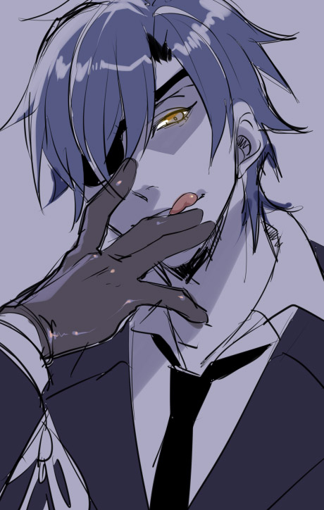 1boy, :q, black_gloves, black_hair, eyepatch, gloves, kairi_(strawberry_drop), male_focus