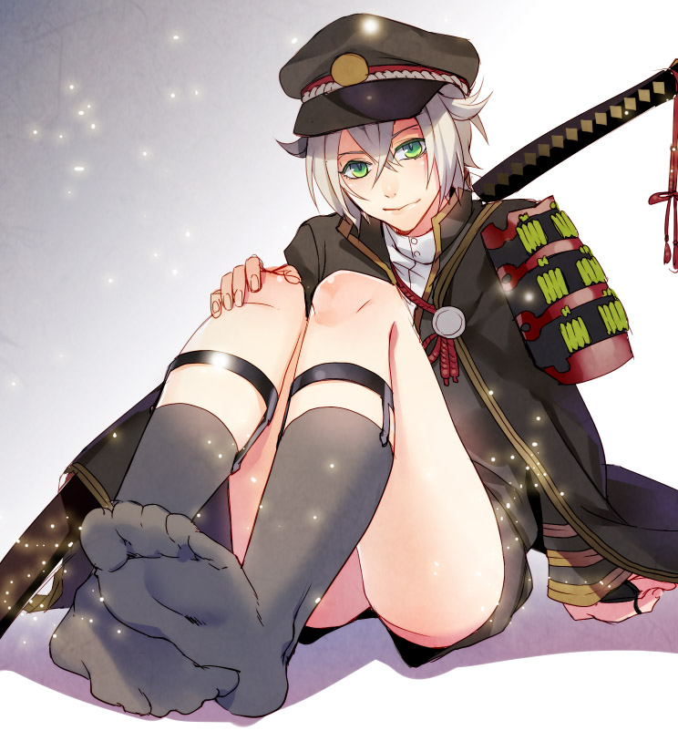 1boy, armor, cape, fireflies, garters, green_eyes, grey_legwear, hat