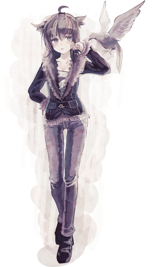 1girl, :o, ahoge, alternate_costume, animal, arm_at_side, bird, black_shoes