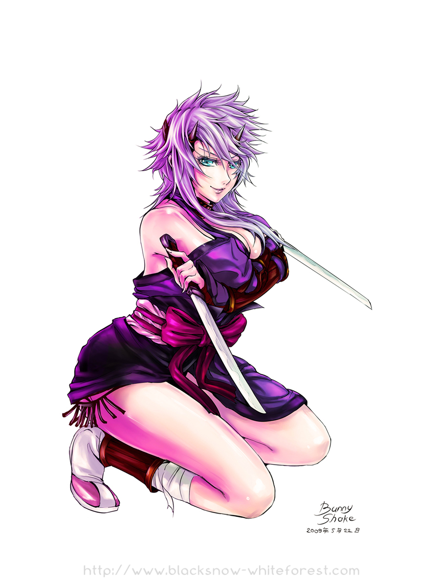 bunny_shake, bunnyshake, green_eyes, highres, horns, ninja, purple_hair, queen's_blade