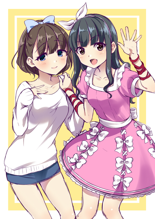 2girls, black_hair, blue_eyes, blush, brown_hair, cosplay, costume_switch, dress