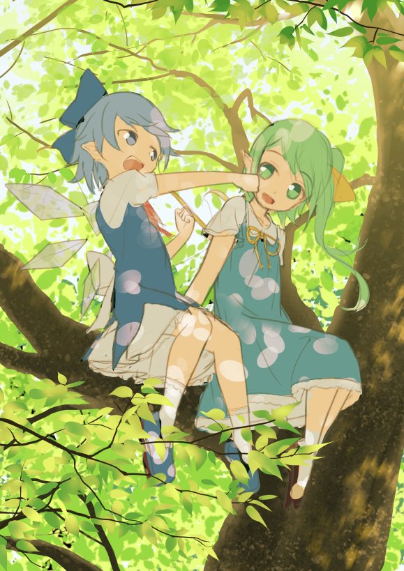 2girls, blue_dress, blue_eyes, blue_hair, blue_shoes, bow, cirno, clenched_hands