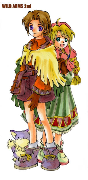 1boy, 1girl, blue_eyes, bow, brown_hair, creature, fringe, gloves, long_hair, mana_(hitori_orchestra), orange_shirt, poncho, puka_(wild_arms), ribbon, shirt, short_hair, smile, tim_rhymeless, wild_arms, wild_arms_2