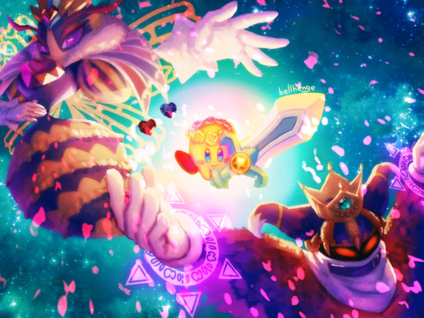 1girl, 2boys, alternate_color, artist_name, bee, bellhenge, blue_eyes, crown