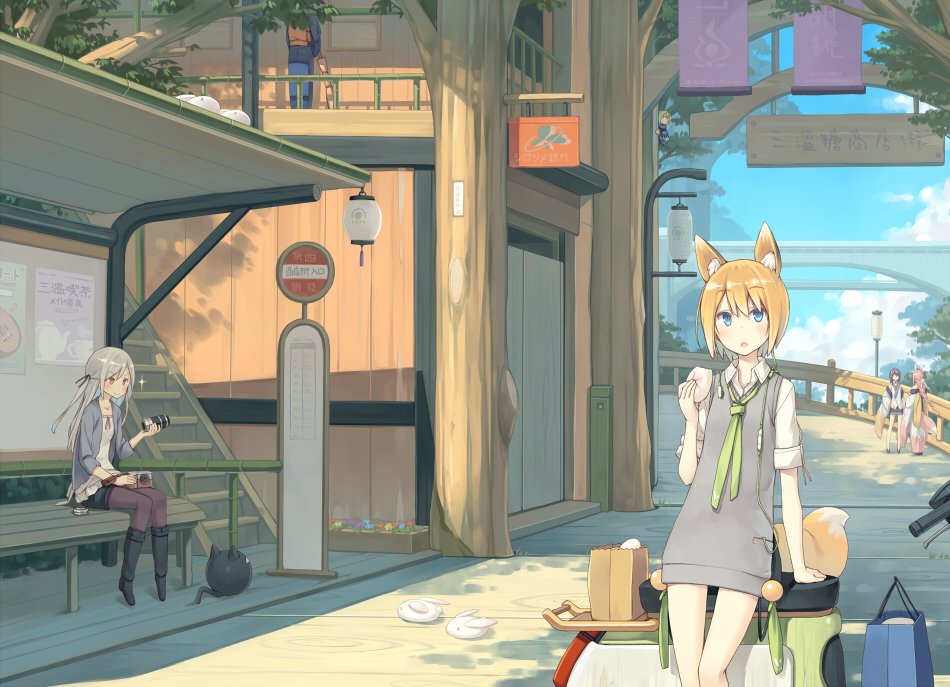 5girls, alternate_costume, animal_ears, architecture, baozi, bench, blonde_hair, blue_eyes