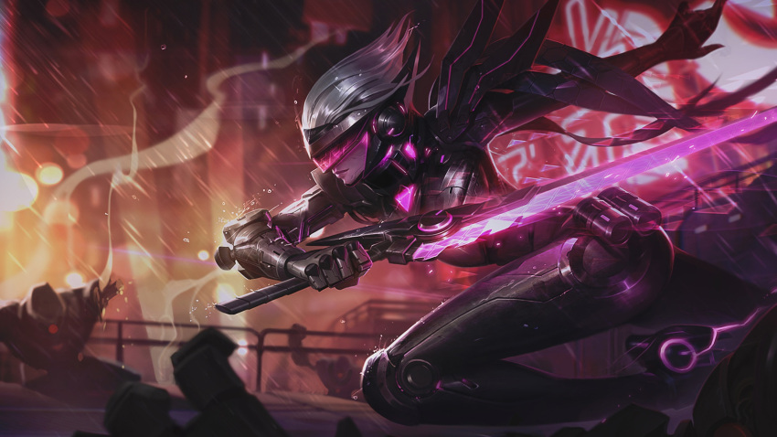 1girl, alternate_costume, alternate_hair_color, artist_request, cyberpunk, cyborg, fiora_laurent, glowing