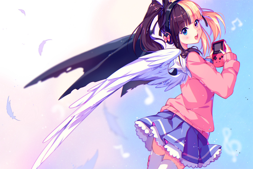 1girl, :d, angel_wings, asymmetrical_wings, bangs, beamed_quavers, black_ribbon, blonde_hair