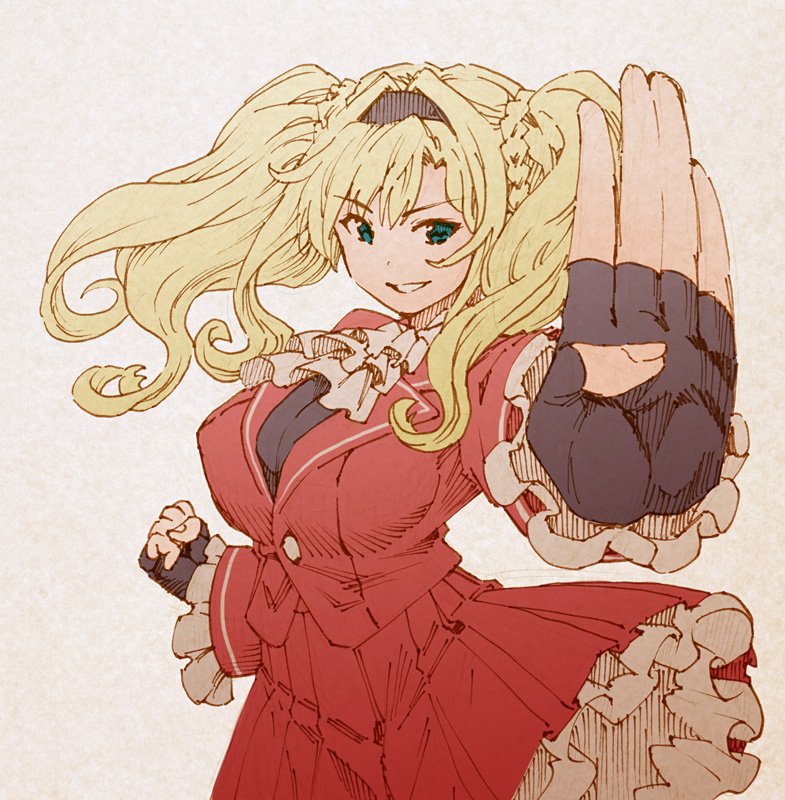 1girl, blonde_hair, cravat, fighting_stance, fingerless_gloves, frills, gloves, granblue_fantasy