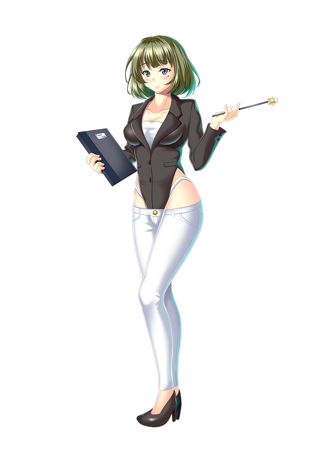1girl, ame_isshiki, blue_eyes, breasts, brown_hair, denim, green_eyes, heterochromia