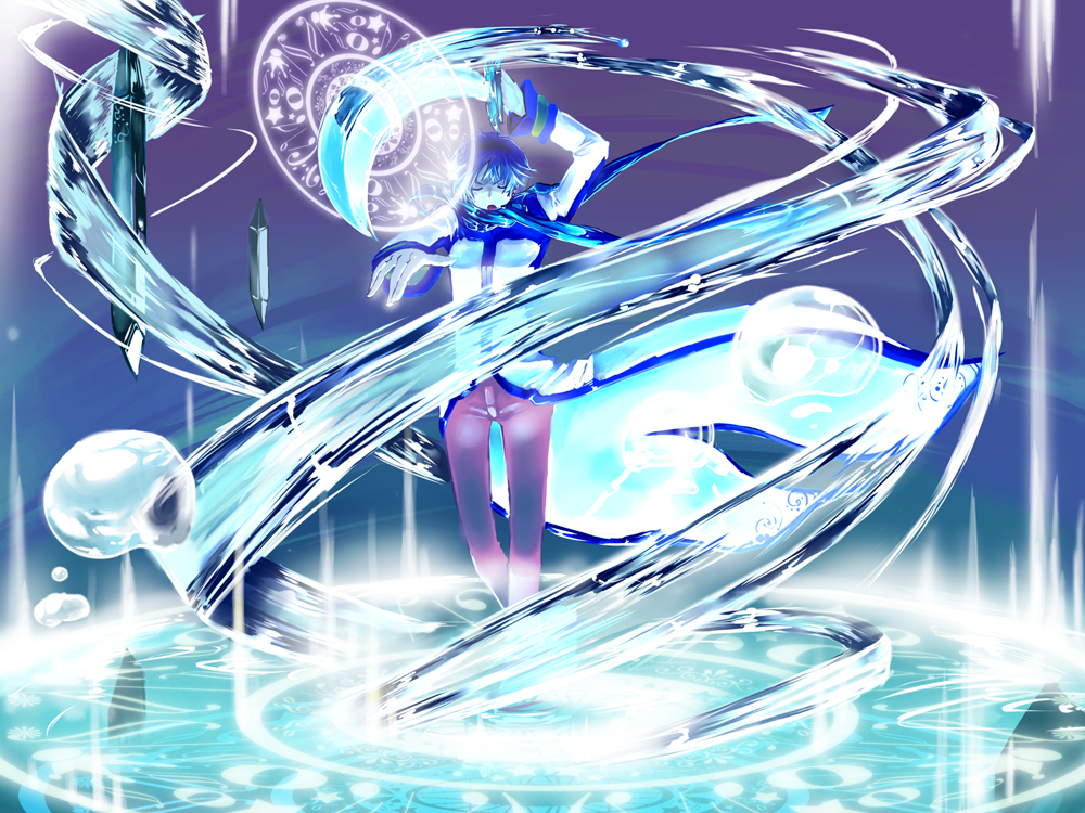 blue_hair, bubble, closed_eyes, crystal, floating, kaito, magic, magic_circle