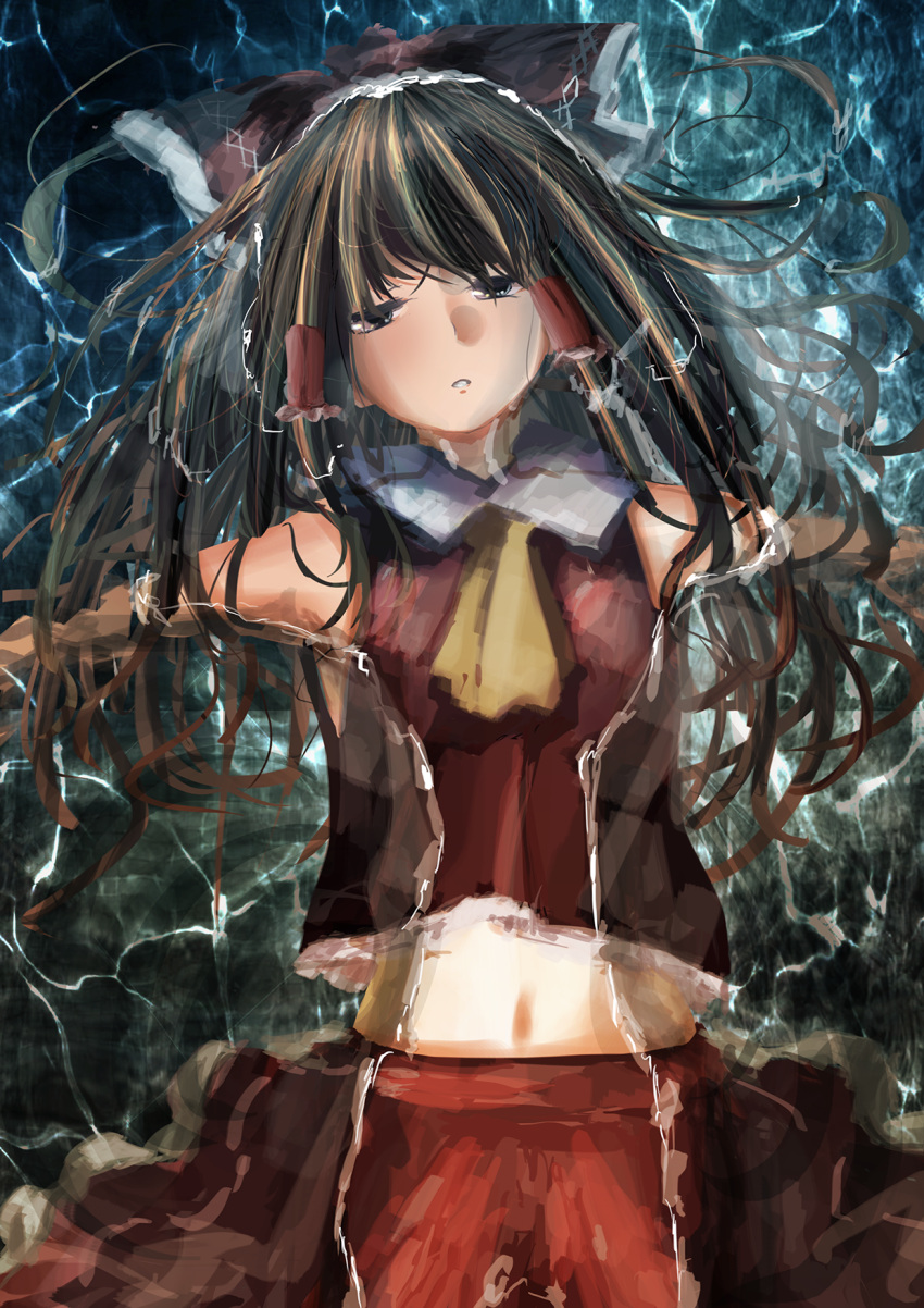 1girl, aki_tsui, ascot, bow, brown_hair, hair_bow, hair_tubes, hakurei_reimu