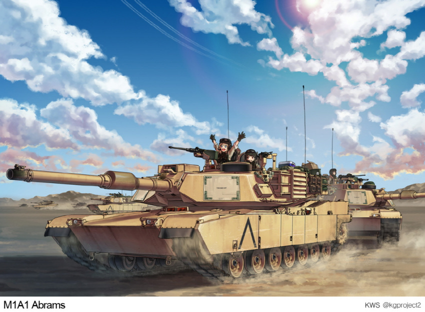 4girls, \o/, arms_up, artist_name, blonde_hair, blue_eyes, brown_eyes, brown_hair, browning_m2, cannon, clouds, commentary_request, condensation_trail, day, desert, goggles_on_helmet, gun, headset, kws, lens_flare, load_bearing_vest, m1_abrams, machine_gun, military, military_vehicle, mountain, multiple_girls, operator-chan, original, outdoors, outstretched_arms, sun, tank, vehicle, weapon