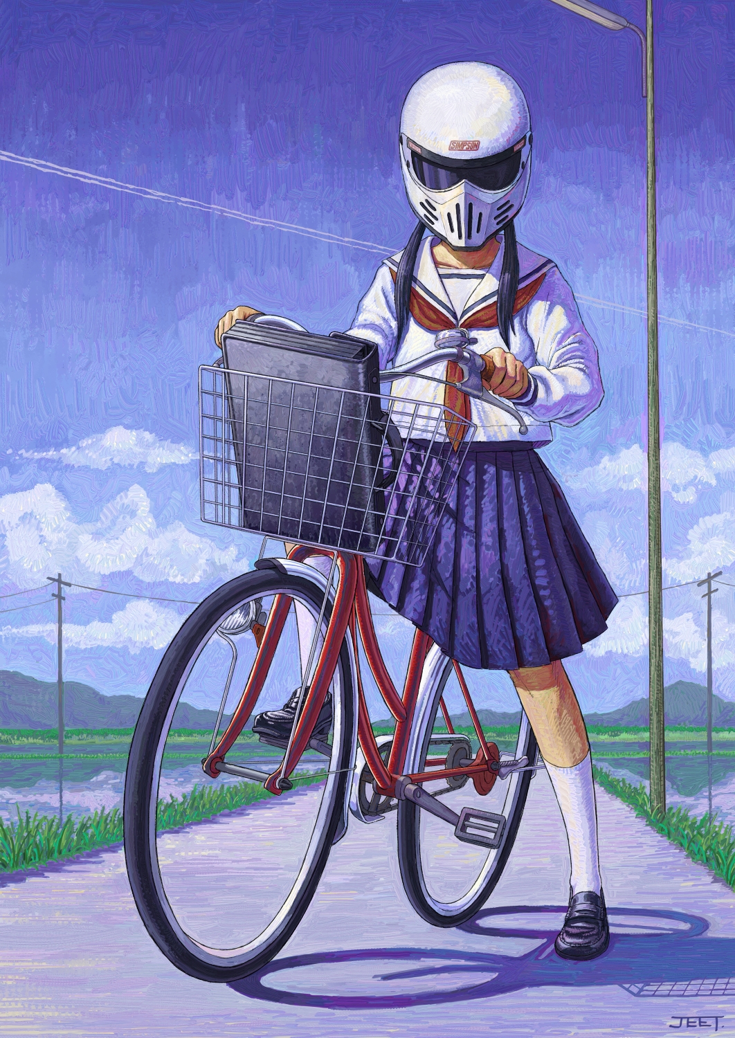 1girl, artist_name, bag, bicycle, condensation_trail, helmet, highres, jeet
