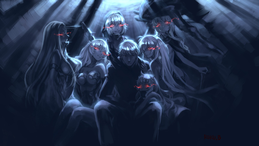 1boy, 6+girls, 6bi, abyssal_admiral_(kantai_collection), anchorage_hime, breasts, burning_eyes, cane