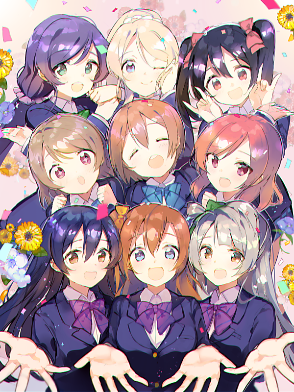 +_+, 6+girls, :d, :o, ;), atsumi_jun, ayase_eli, black_hair