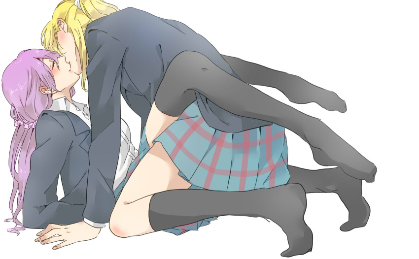 15kasikaze15, 2girls, ayase_eli, blonde_hair, highres, kiss, kneehighs, love_live!_school_idol_project, multiple_girls, purple_hair, school_uniform, skirt, thigh-highs, toujou_nozomi, yuri