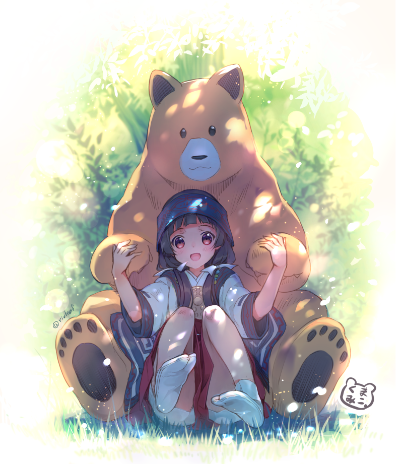 1girl, :d, amayadori_machi, animal, artist_name, bangs, bear, between_legs, black_hair, blunt_bangs, blurry, blush, dappled_sunlight, depth_of_field, grass, hair_over_shoulder, hair_ribbon, hakama, headband, holding_hands, japanese_clothes, jewelry, kumamiko, long_hair, looking_at_viewer, low_twintails, miko, natsu_(kumamiko), on_ground, open_mouth, plant, red_eyes, ribbon, riv, shade, signature, sitting, smile, socks, sunlight, tabi, twintails, white_legwear