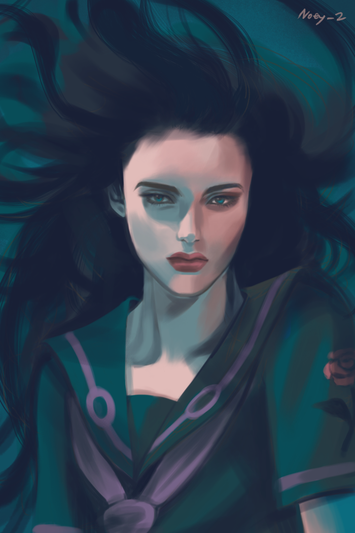 1girl, black_hair, blue_eyes, flower, jojo_no_kimyou_na_bouken, lipstick, long_hair, makeup