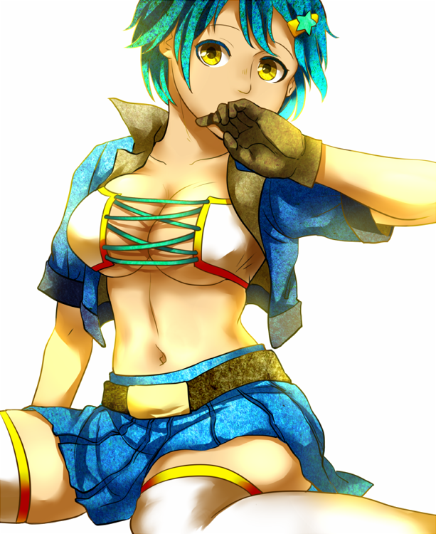 1girl, blue_skirt, breasts, brown_gloves, cleavage, collarbone, covering_mouth, gloves, green_hair, hair_ornament, hairclip, jacket, kain_(hurghada), midriff, navel, original, short_hair, sitting, skirt, solo, star_hair_ornament, thigh-highs, yellow_eyes, zettai_ryouiki