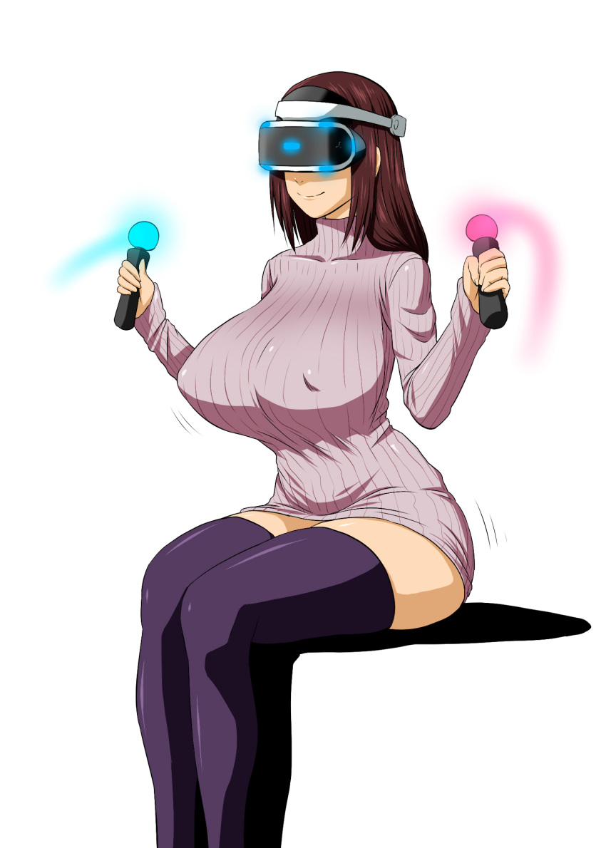 1girl, black_legwear, breasts, brown_hair, covered_nipples, henriiku_(ahemaru), highres, huge_breasts, large_breasts, long_hair, original, playstation_move, playstation_vr, ribbed_sweater, smile, solo, sweater, thigh-highs, thighs, turtleneck, zettai_ryouiki