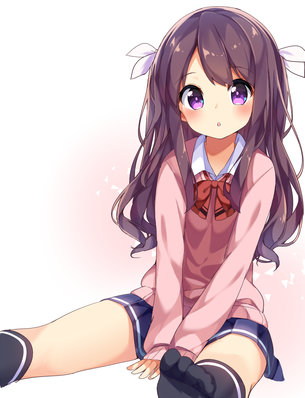 1girl, :o, bangs, between_legs, black_hair, black_legwear, blue_skirt, blush