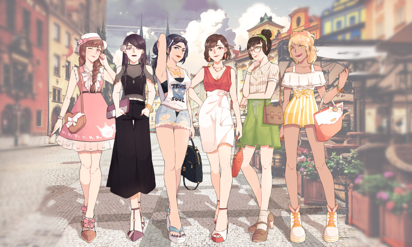 6+girls, :d, animal_ears, arm_at_side, arm_up, armpits, bag, bangs